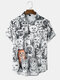 Mens Halloween Allover Funny Cat Print Casual Loose Fit Short Sleeve Shirts - White