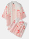 Mens Crane Propitious Clouds Pattern Kimono & Drawstring Shorts Holiday Co-ords - Pink