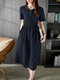 Solid Drawstring Waist Pocket Short Sleeve Vintage Dress - Blue