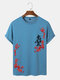 Camisetas masculinas com estampa floral de caracteres chineses gola careca manga curta - azul