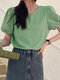 Blusa informal con manga farol y cuello redondo Cuello con abertura en la espalda - Verde