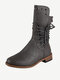 Women Casual Warm Wearable Solid Color Lace Up Flat Mid-Calf Riding Boots - Grey