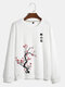 Mens Plum Bossom Chinese Print Crew Neck Cotton Pullover Sweatshirts - White