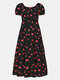 Vestido feminino estampado manga curta com gola quadrada e patchwork chita - Preto