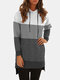 Contrast Color Patchwork Pocket Casual Drawstring Hoodie For Women - Gray