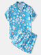 Mens Revere Collar Daisy Print Holiday Drawstring Shorts Two Pieces Outfits - Blue