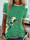 Multi-color Cartoon Cattle Print Short Sleeve T-shirt For Women - Green