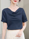 Cowl Neck Satin Solid Short Sleeve Blouse For Women - Navy