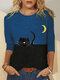 Cartoon Cat Moon Print O-neck Long Sleeve T-shirt - Blue