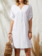 Button V-neck Half Sleeve Solid Color Women Casual Dress - White