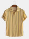 Mens Ethnic Pattern Print Stripe Smooth Breathable Short Sleeve Shirt - Yellow