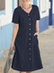 महिलाओं के लिए सॉलिड डबल पॉकेट कॉटन शॉर्ट स्लीव शर्ट ड्रेस - गहरा नीला