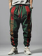 Pantalon ample à taille avec cordon de serrage pour hommes, imprimé totem ethnique, patchwork - Vert foncé