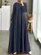Women Lace Patchwork Pleated Muslim Long Sleeve Maxi Dress - Dark Blue