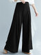 Color sólido Plisado Cintura elástica Casual Suelto Pierna ancha Pantalones para Mujer - Negro
