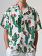 Mens Cactus Print Lapel Collar Short Sleeve Shirts - White
