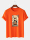Mens Japanese Noodle Cat Graphic Short Sleeve Cotton T-Shirts - Orange