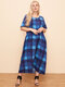 Vintage Plaid Kurzarm A-Linie Plus Größe Kleid - Blau