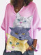 Women Cat Print Long Sleeve Loose Casual Blouse - Pink