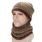 Men Knitted Slouch Beanie Hat Scarf Set Lining Coral Fleece Double Layers Warm Ski Outdoor Cap - Khaki