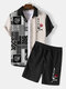 Mens Japanese Rose Embroidered Patchwork Corduroy Two Pieces Outfits - Black