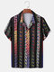 Mens Colorful Geometric Ombre Print Ethnic Style Short Sleeve Shirts - Black