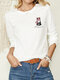 Мультфильм Кот Повседневная футболка с круглым вырезом и буквенным принтом с длинными рукавами Для Женское - Белый