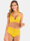 Plus Size Women Solid Color Halter Bikini High Waist Swimsuit - Yellow