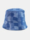 यूनिसेक्स प्लेड कलरब्लॉक डेनिम व्यथित फैशन कैजुअल सनशेड फोल्डेबल फ्लैट हैट्स बकेट हैट्स - नीला