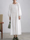 Solid Color Casual O-neck Long Lantern Sleeve Pleated Dress - White