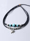 Vintage Trendy Indians And Wolf Head Shape Pendant Turquoise Alloy Wax Rope Double-layer Necklace - #01