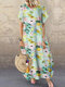 女性の水彩花柄クルーネック半袖ドレス - 緑