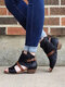 Plus Size Women Casual Peep Toe Side Zip Gladiator Heels Sandals - Black