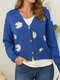 Daisy Embroidery Button Long Sleeve V-neck Knitted Cardigan - Blue
