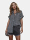 Loose Casual Stripe Short Sleeve Shirt For Women - Black