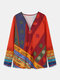 Ethnic Printed Long Sleeve V-neck Zip Front Sweatshirt For Women - Red
