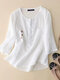 Women Embroidered Pocket Half Button Casual 3/4 Sleeve Blouse - White