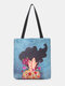 Women Wavy Curly Hair Figure Pattern Print Shoulder Bag Handbag Tote - Blue