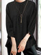 Allover Print Slit Hem Stand Collar 3/4 Sleeve Blouse - Black