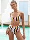 Women Colorful Geometry Striped Print Swimsuit High Waist Bikini - Multicolor