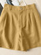 Solid Ruched Pocket Button Elastic Waist Casual Cotton Shorts - Yellow