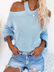 Solid Color Halter Knitting Long Sleeve Off Shoulder Sweater - Blue