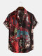 Mens Abstract Print Lapel Button Up Short Sleeve Shirts - Wine Red