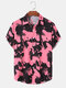 Mens Contrast Print Lapel Button Up Short Sleeve Shirts - Pink