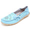 LOSTISY Big Size Leather Hollow Out Floral Breathable Soft Comfy Lace Up Flat Shoes - Blue