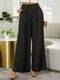 Solid Color Elastic Waist Pocket Loose Casual Pants For Women - Black