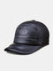Men Cow Leather Solid Color Patchwork Stitch Letter Pattern Built-in Ear Protection Casual Warmth Baseball Cap - Black