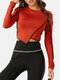 Women Solid Color Patchwork Asymmetrical Hem O-neck Casual Crop Top - Red