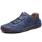 Men Hand Stitching Outdoor Soft Lace Up Microfiber Leather Shoes - Blue