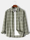 Mens Plaid Lapel Button Up Casual Long Sleeve Shirts With Pocket - Green